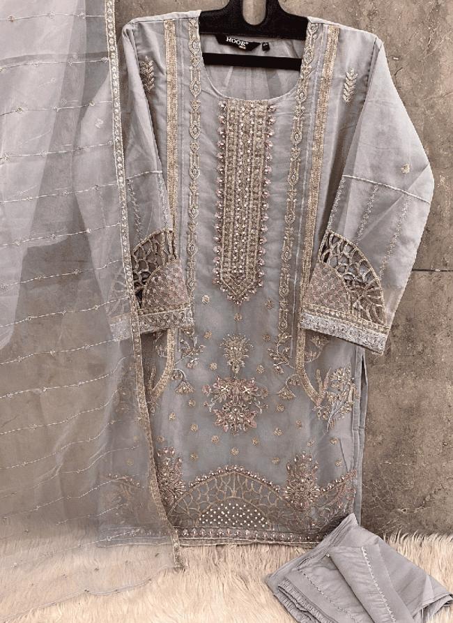 Organza Grey Traditional Wear Embroidery Work Readymade Pakistani Suit